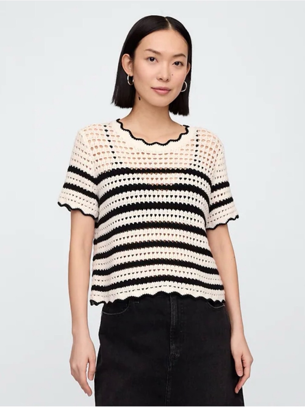 Gap Women’s Crochet Open Knit Sweater Top Cream Black Striped Cotton Size L
